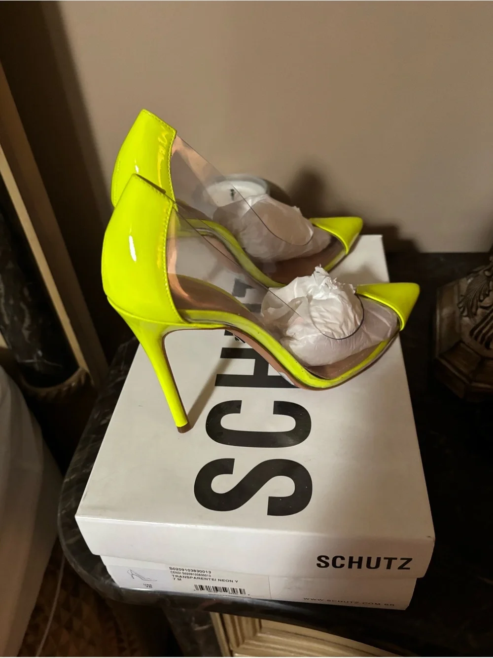 Schutz Clear Panel Neon Yellow Pointed Toe Stiletto Pumps